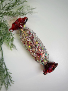 ShiShi Стеклянная елочная игрушка Прямоугольная карамель со стразами, 11,5 см, цвет - красный