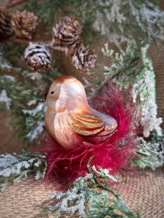 Inge Glas Стеклянная елочная игрушка на прищепке Оранжевая птичка в пушистом гнезде, 7 см