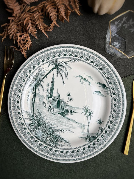 Gien Les Depareillees Тарелка для основного блюда Вид на Восток, 27,4 см, белый, темно-зеленый
