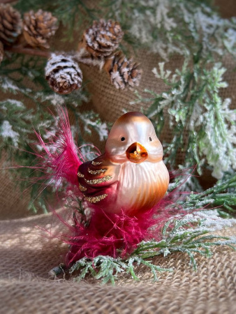 Inge Glas Стеклянная елочная игрушка на прищепке Оранжевая птичка в пушистом гнезде, 7 см