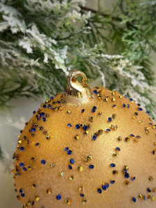 ShiShi Стеклянная елочная игрушка Шар с синими кристаллами, диаметр - 12 см, цвет - золотой