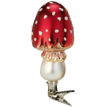 Inge Glas Стеклянная елочная игрушка на прищепке Счастливый Мухомор, размер - 9,5 см