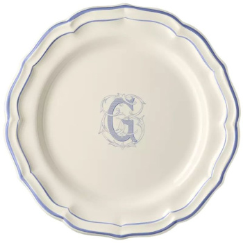 Gien Filet Bleu Monogramme Тарелка для основного блюда с буквой G, диаметр - 26 см, белый