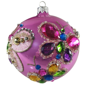 Silverado Стеклянная елочная игрушка Шар с бабочками из кристаллов, диаметр - 10 см, розовый