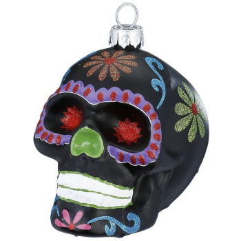 Inge Glas Magic Стеклянная елочная игрушка Черный череп с разноцветными блестками, размер - 9 см