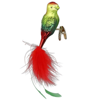 Inge Glas Стеклянная елочная игрушка на прищепке Зеленая птица с красным хвостом, 10 см