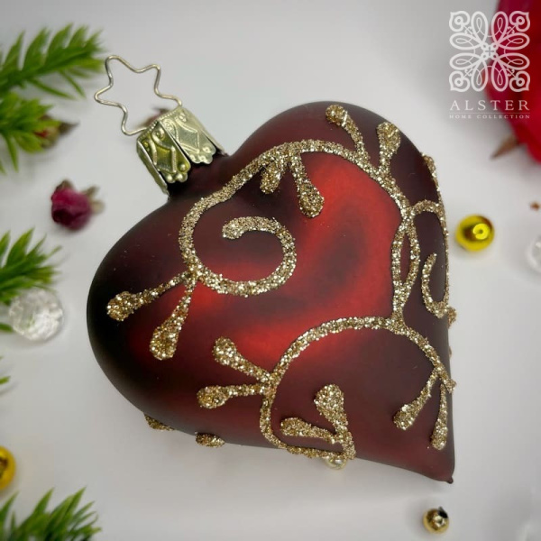 Inge Glas Стеклянная елочная игрушка Сердце, рамер - 8 см, цвет - красный, золотой